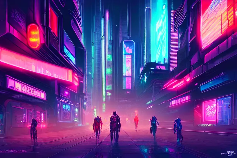 Prompt: painting of a modern cyberpunk city, neon lights, fine details, magali villeneuve, artgerm, rutkowski