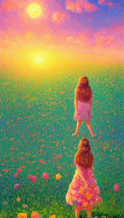 Image similar to girl with giant flower as a face and flower dress, standing in a flower field hills, big trees, sunrise dramatic light, impressionist painting, colorful clouds, digital painting, pointillism, artstation, simon stalenhag