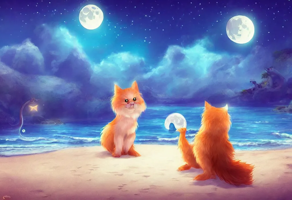 Image similar to cute magical fantasy animals at a beach looking at the moon, ultra realistic, concept art, highly detailed