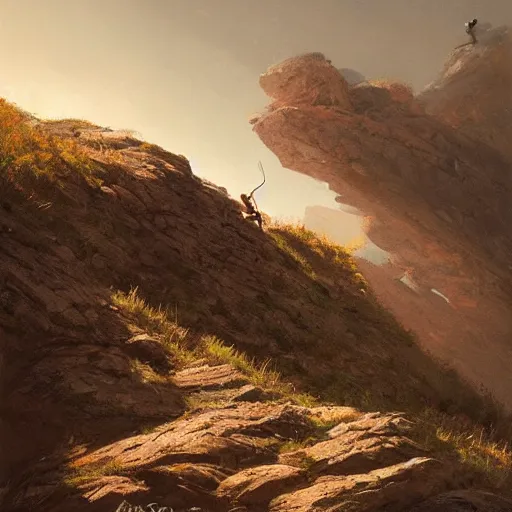 Image similar to a stickman climbing a rocky hill,digital art,art by greg rutkowski,detailed,dramatic,view from below
