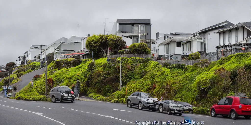 Image similar to a very steep street in wellington, new zealand with multiple building covered in living walls made of endemic new zealand plant species. patrick blanc. windy rainy day. people walking in raincoats. 1 9 0 0's colonial cottages. harbour in the distance.