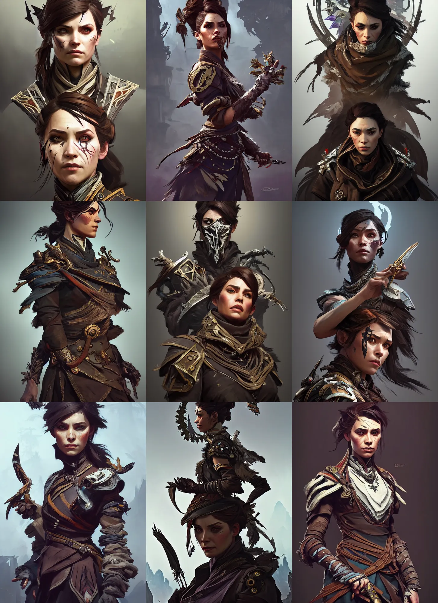 Prompt: characters from the game dishonored combined with horizon zero dawn 2, d & d, fantasy, intricate, elegant, highly detailed, digital painting, artstation, concept art, matte, sharp focus, illustration, hearthstone, art by artgerm and greg rutkowski and alphonse mucha
