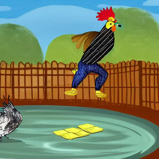 Image similar to A digital painting of a thief tripping and falling into a pond. In the background, there's a chicken coop where a rooster drinks from a wooden keg while sitting on stacks of dollar bills.