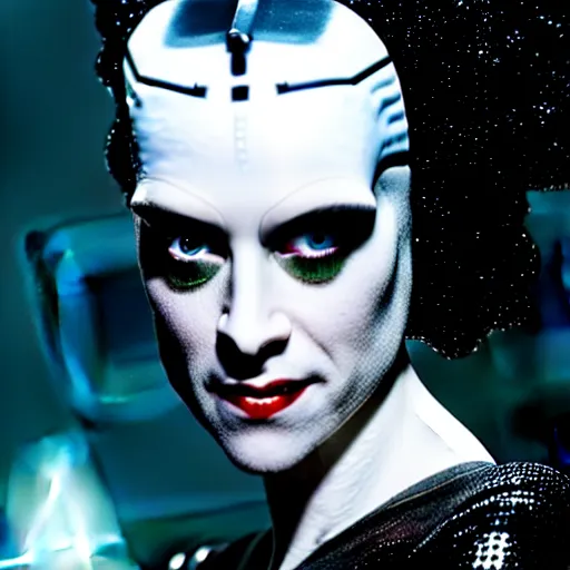 Image similar to cinematic portrait of kristen mcmenamy as bride of frankenstein as a replicant in a busy nightclub, surprised, still from the movie ex machina, fashion photography, a sign is in the background, 8 k, high detail, face in focus