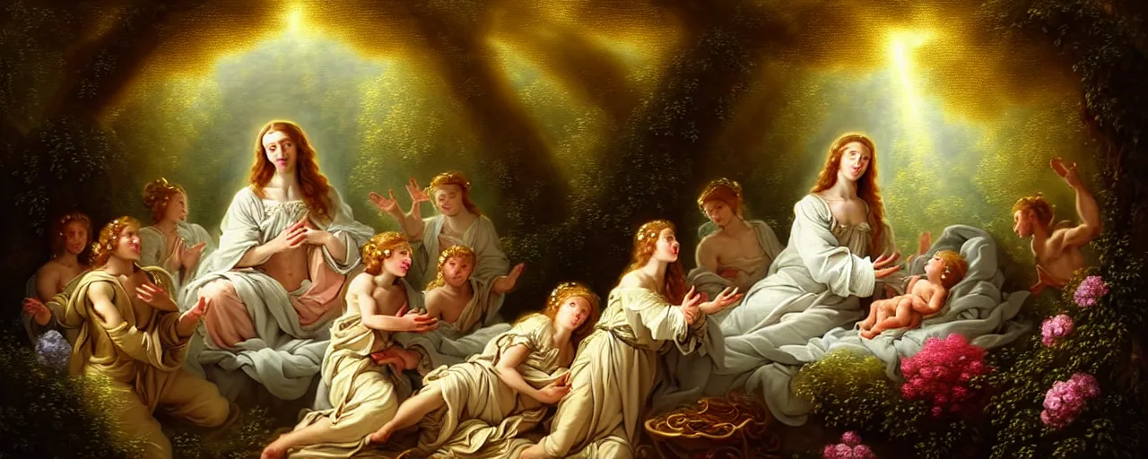 Prompt: A fantasy fairytale story style portrait painting, king Jesus Christ with the head of a lamb surrounded by happy people and angels in white robes, intense smoldering, soul penetrating invasive eyes. Fantasy atmospheric lighting, digital painting, hyperrealistic, François Boucher, Oil Painting, Cozy, natural light, lush plants and flowers, visually crisp & clear, Volumetric Golden dappled dynamic lighting, Regal, Refined, elegant, bright clouds, luminous stellar sky, outer worlds, cognitive Coherence cohesion character illustration, photorealistic, Vivarium, Theophanic atmosphere, michael whelan, William-Adolphe Bouguereau, Michael Cheval, Crisp hd resolution, Digital Art, hyperdetailed, artstation, cgsociety, Highly Detailed, Cinematic Lighting, HD resolution, unreal 5, DAZ, hyperreality, octane render, Unreal Engine