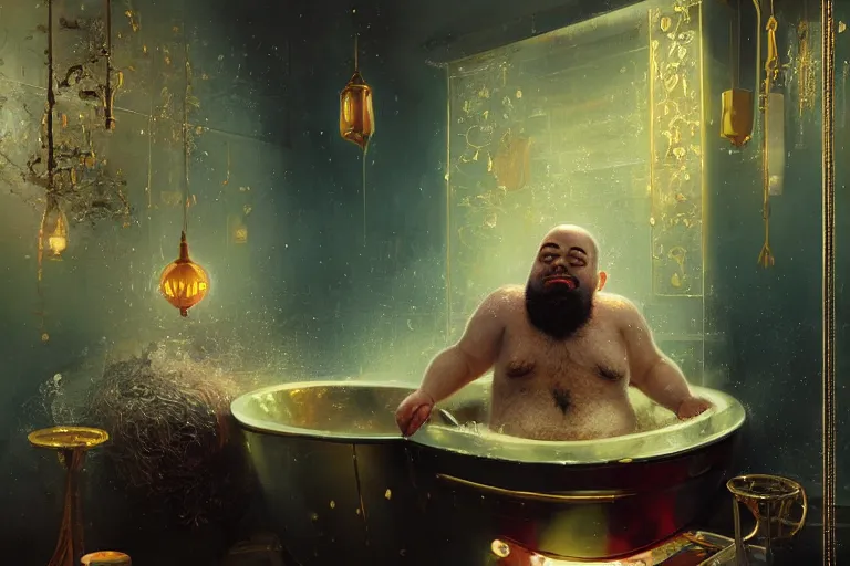 Image similar to Hairy fat dwarf bathing in a gold tub and smoking a cigar, futuristic neon, decorated with traditional Japanese ornaments by Ismail inceoglu dragan bibin hans thoma greg rutkowski Alexandros Pyromallis Nekro Rene Maritte Illustrated, Perfect face, fine details, realistic shaded, fine-face, pretty face