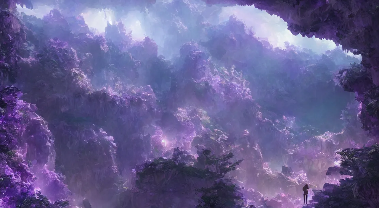 Prompt: Amethyst crystals cave, by Makoto Shinkai and Thomas Kinkade, fantasy matte painting, trending on cgsociety and unreal engine，light effect，highly detailed，super wide angle，