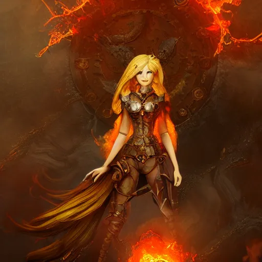 Image similar to pretty blond steampunk seraphim surrounded by lava, 8 k, shallow depth of field, 8 k, ultra high detail, concept art,