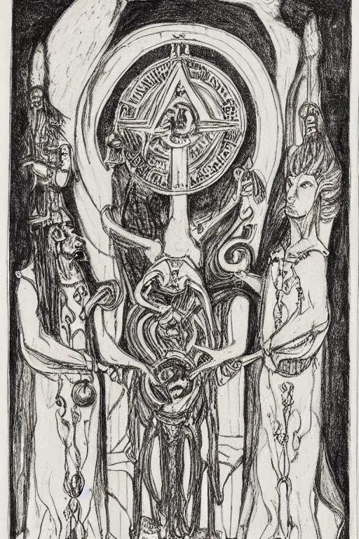 Prompt: realistic medieval etching of ceremonial magick, high detail, elaborate composition, quality draughtmanship, detailed faces. by austin osman spare, occult art, alchemical diagram