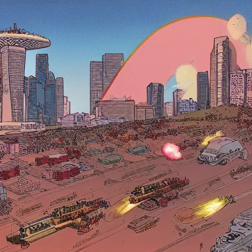 Image similar to singapore under attack, by moebius