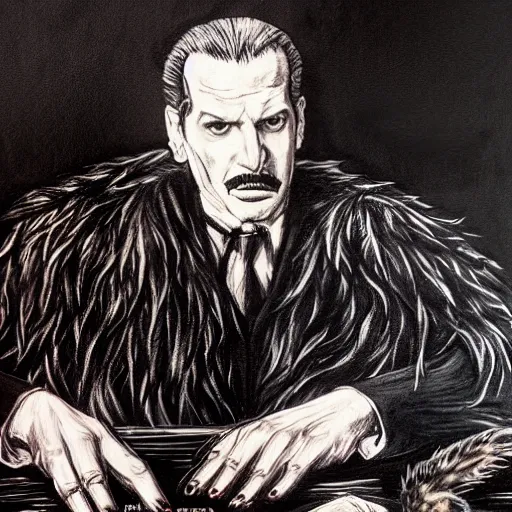 Prompt: vincent price as billionaire howard hughes in long black feathered cloak, black hands tipped with black claws, feathers growing out of skin, at opulent desk, vivid, mike mignogna, illustration, highly detailed, rough paper, dark, oil painting