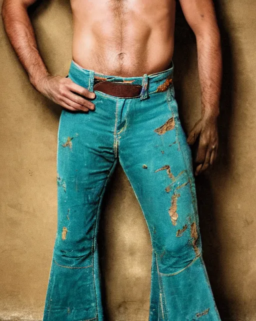 Prompt: a closeup photo of a ancient male model wearing a teal boot cut flared distressed medieval designer menswear trousers designed by kapital, 4 k, studio lighting, wide angle lens, 2 0 0 4