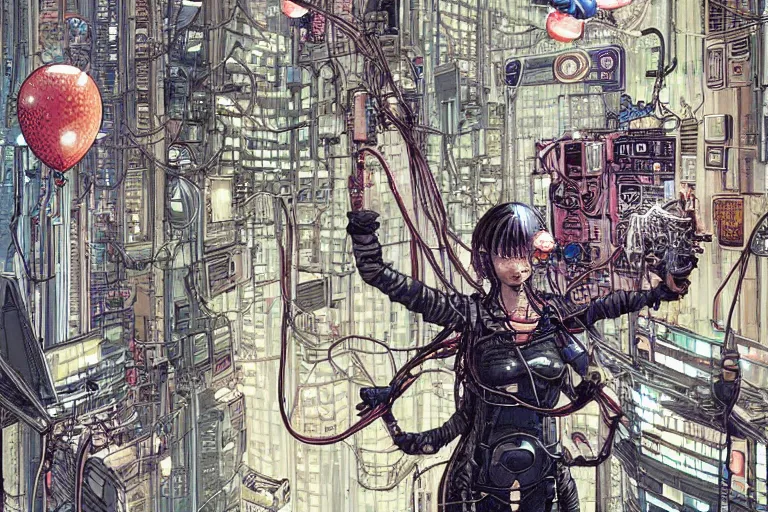 Image similar to an intricate, awe inspiring cyberpunk illustration of a girl with balloon, wires and cables coming out, by masamune shirow and katsuhiro otomo ((colorful))