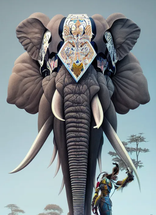 Image similar to symmetry!! portrait of a hybrid robot mamath elephant big tusk, floral! horizon zero dawn machine, intricate, elegant, highly detailed, ray tracing, digital painting, artstation, concept art, smooth, sharp focus, illustration, art by artgerm and greg rutkowski and alphonse mucha, 8 k