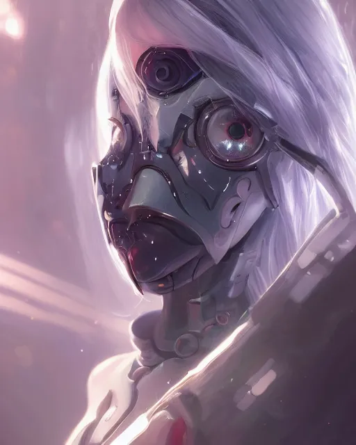 Image similar to holy cyborg necromancer girl, elegant, perfect face, scifi, futuristic, utopia, garden, illustration, atmosphere, warframe, blue eyes, white hair, focused, artstation, nier automata, highly detailed, art by yuhong ding and chengwei pan and serafleur and ina wong