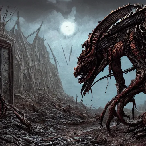 Image similar to photorealistic eldritch deathclaw in a post apocalyptic wasteland in the style of michael whelan and gustave dore. hyperdetailed photorealism, 1 0 8 megapixels, amazing depth, high resolution, 3 d shading, 3 d finalrender, 3 d cinematic lighting, glowing rich colors, psychedelic overtones, artstation concept art.