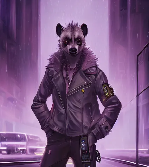 Prompt: digital painting of anthromorphic hyena female smoking cigarrete in cyberpunk style, fursona, furry fandom, furaffinity, neon rainy cyberpunk setting, anthro, wearing cyberpunk leather jacket, detailed face, blade runner, zootopia style,