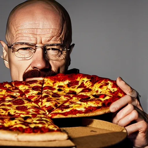 Prompt: walter white eating pizza, photography,