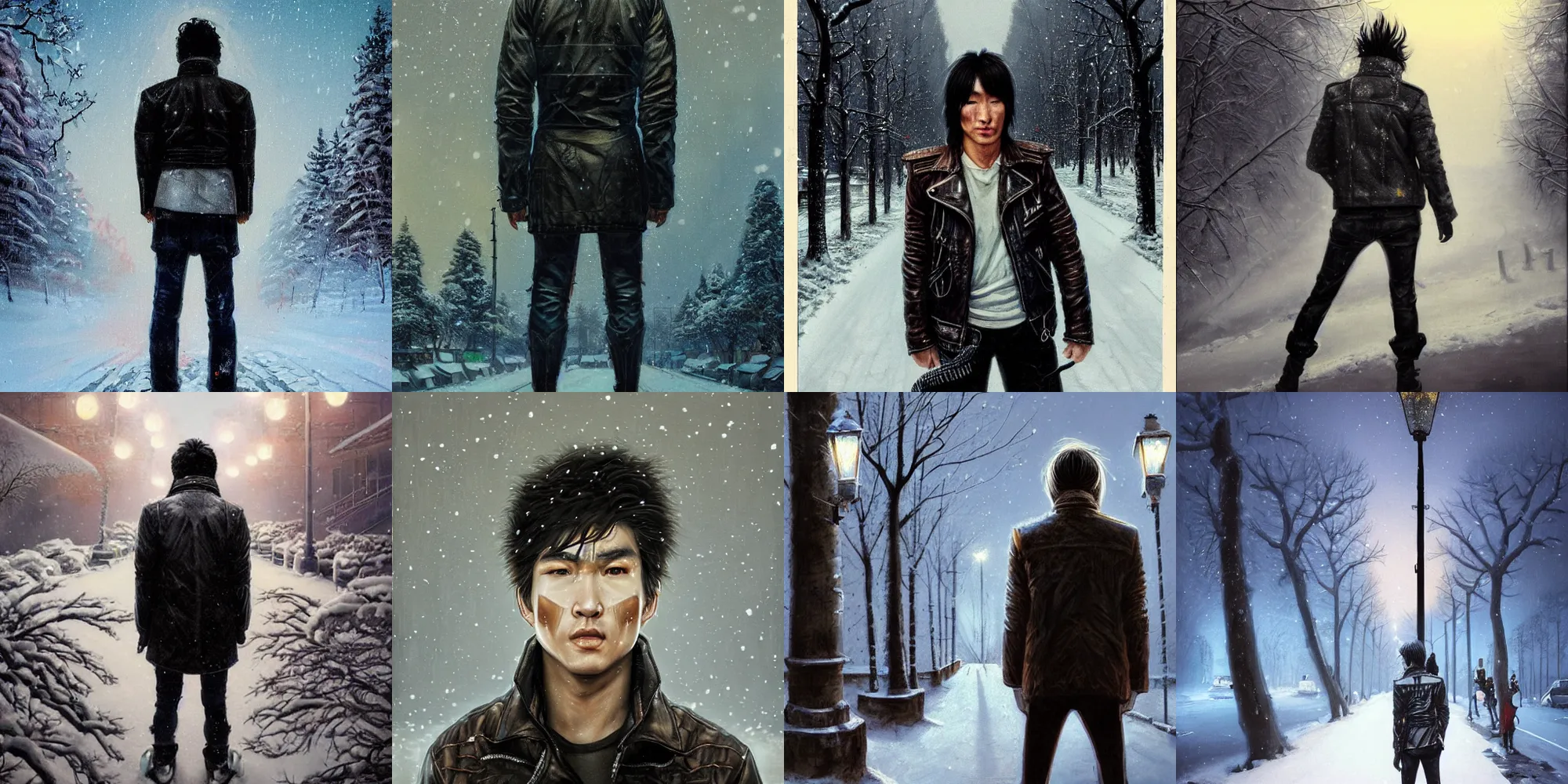 Prompt: beautiful snow - covered victor tsoi korean from back standing on alley with street lamps in park with pines, dressed in leather jacket, at night, 1 9 8 0 s mullet haircut, half - length portrait, perfect symmetrical eyes, cinematic by peter mohrbacher, detailed, hyperrealism, igla