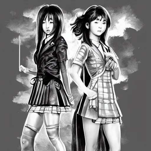 Prompt: a perfect, realistic professional digital sketch of a videogame, two Japanese schoolgirls posing, in style of Marvel, full length, by pen and watercolor, by a professional American senior artist on ArtStation, a high-quality hollywood-style sketch, on high-quality paper