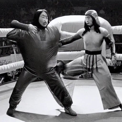 Image similar to 1 9 7 0's kung fu movie, a man in a rubber latex hot dog costume fighting a man wearing a rubber latex hamburger costume inside a futuristic ufc octagon cage arena