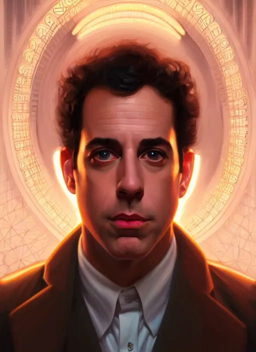 Image similar to symmetry!! portrait of seinfeld, glowing lights!! intricate, elegant, highly detailed, digital painting, artstation, concept art, smooth, sharp focus, illustration, art by artgerm and greg rutkowski and alphonse mucha