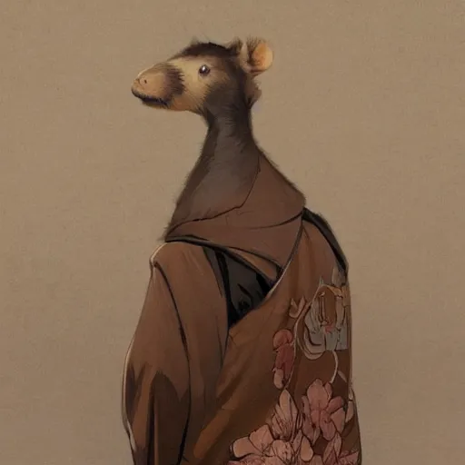 Image similar to anthropomorphic capybara in kimono, highly detailed, digital painting, artstation, concept art, smooth, sharp focus, illustration, art by artgerm and greg rutkowski and alphonse mucha