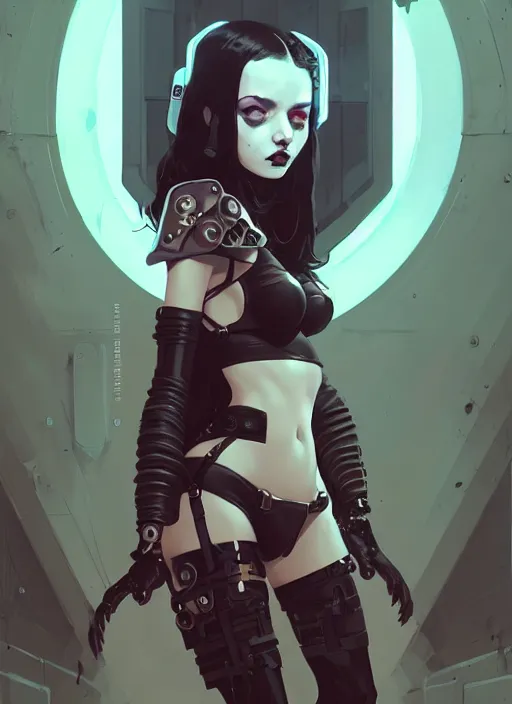 Image similar to portrait of cute goth girl in cyber bikini armor, warhammer, cyberpunk, by atey ghailan, by greg rutkowski, by greg tocchini, by james gilleard, by joe fenton, by kaethe butcher, by gustav klimt, dynamic lighting, gradient light blue, brown, blonde cream and white color in scheme, grunge aesthetic