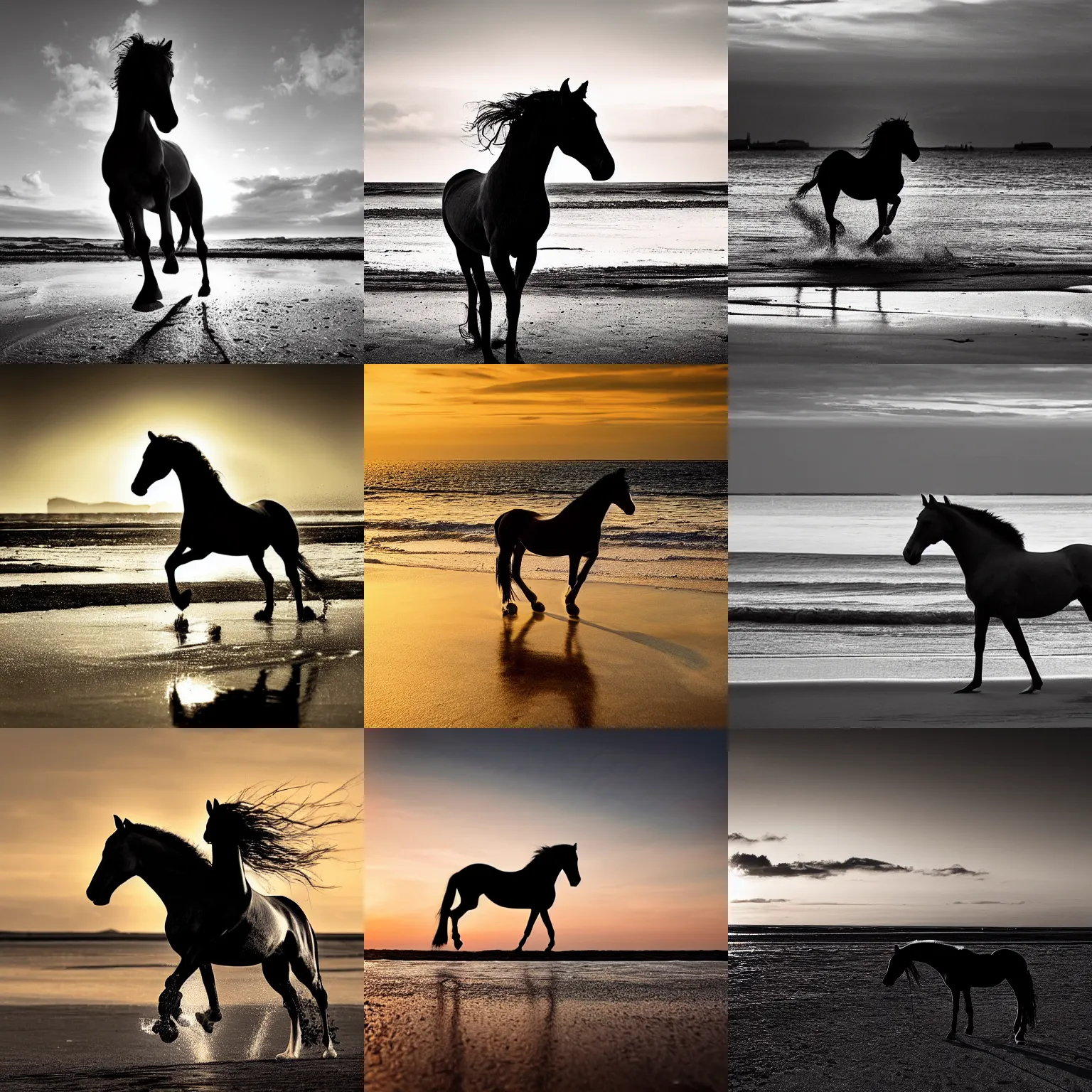 Prompt: Horse on beach sunset David Yarrow
