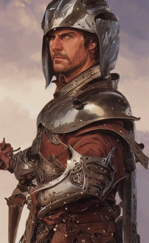 Image similar to '' Face portrait of a rugged adventurer with a leather armor holding a big sword getting ready for battle, d&d, fantasy, high detail, digital painting, artstation, concept art, sharp focus, illustration, art by greg rutkowski and alphonse mucha ''