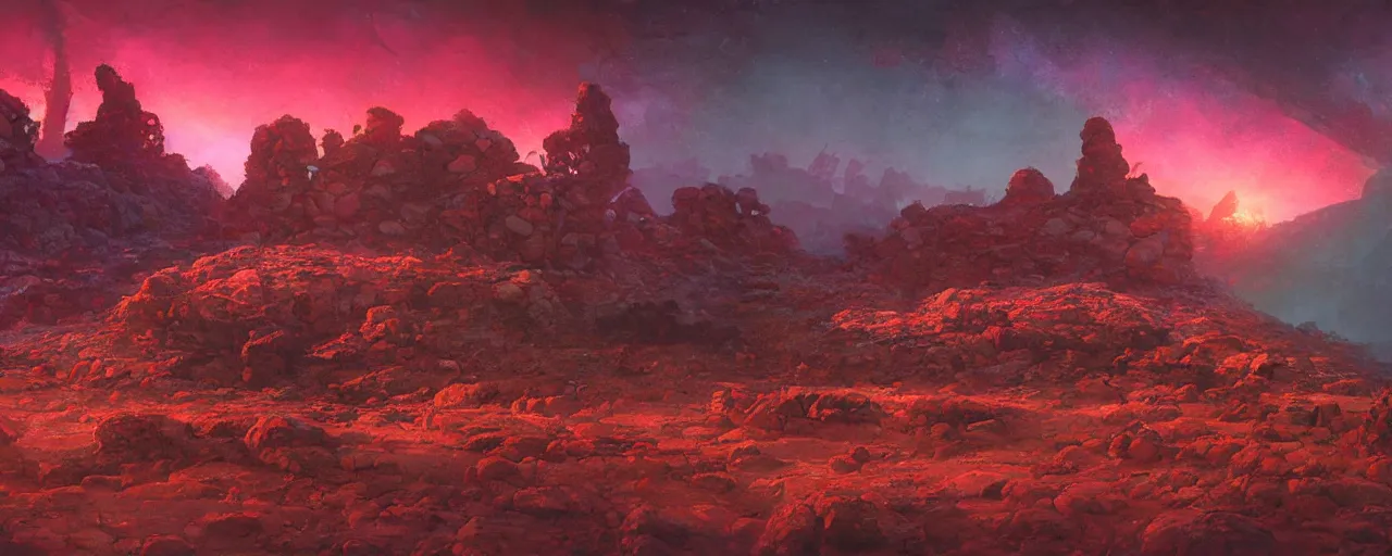 Image similar to ” barren rocky landscape at night, [ cinematic, detailed, epic, widescreen, opening, establishing, mattepainting, photorealistic, realistic textures, octane render, art by paul lehr ] ”