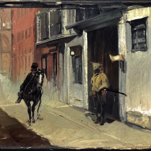 Image similar to painting of a man on a horse in a Dublin alleyway, painted by George Bellows, 1905, detailed brushstrokes