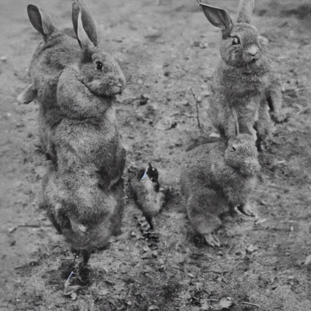 Image similar to a rabbit wearing a ww1 uniform posing in no man's land, black and white grainy photograph