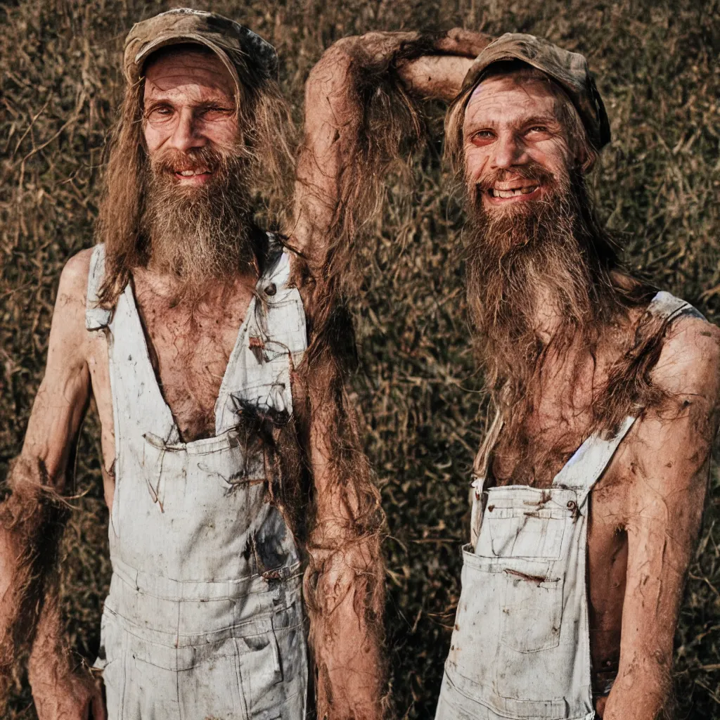 Image similar to extremely skinny malnourished redneck white male with long beard, wearing dirty overalls, dirty greasy face, grin, portrait, close up, kodak gold 2 0 0, 5 0 mm,