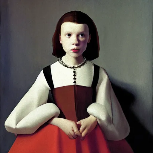 Prompt: Painting of Millie Bobby Brown by Johannes Vermeer