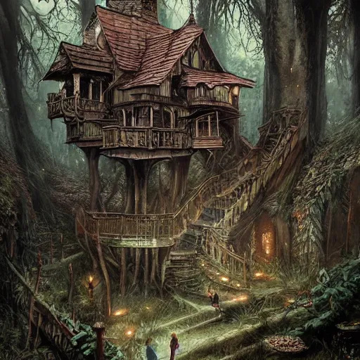 Image similar to dilapidated broken down treehouse, tucked within the witchwood forest, evil fairies, overgrown, detailed intricate ink illustration, dark atmosphere, detailed illustration, hd, 4k, digital art, overdetailed art, concept art, by greg rutkowski, by loish, complementing colors, Trending on artstation, deviantart