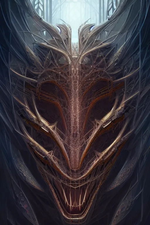 Prompt: professional concept art symmetrical portrait of a terrifying! mechanical predatory fractal! species in a dark room by artgerm and greg rutkowski. an intricate, elegant, highly detailed digital painting, concept art, smooth, sharp focus, illustration, in the style of cam sykes.