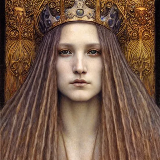 Image similar to detailed realistic beautiful young medieval queen face portrait by jean delville and marco mazzoni, art nouveau, symbolist, visionary, gothic, pre - raphaelite