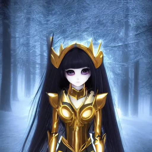 Image similar to focus face portrait of beautiful darkness knight 3D anime girl, golden armor wearing, dark forest background, snowing, bokeh, inspired by Masami Kurumada, digital painting, high contrast, unreal engine render, volumetric lighting, high détail