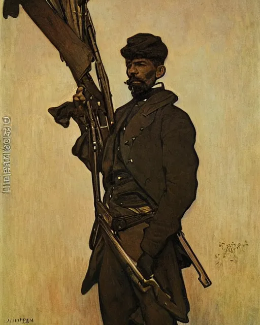 Prompt: portrait of John Brown holding a rifle and a black flag, by Alphonse Mucha