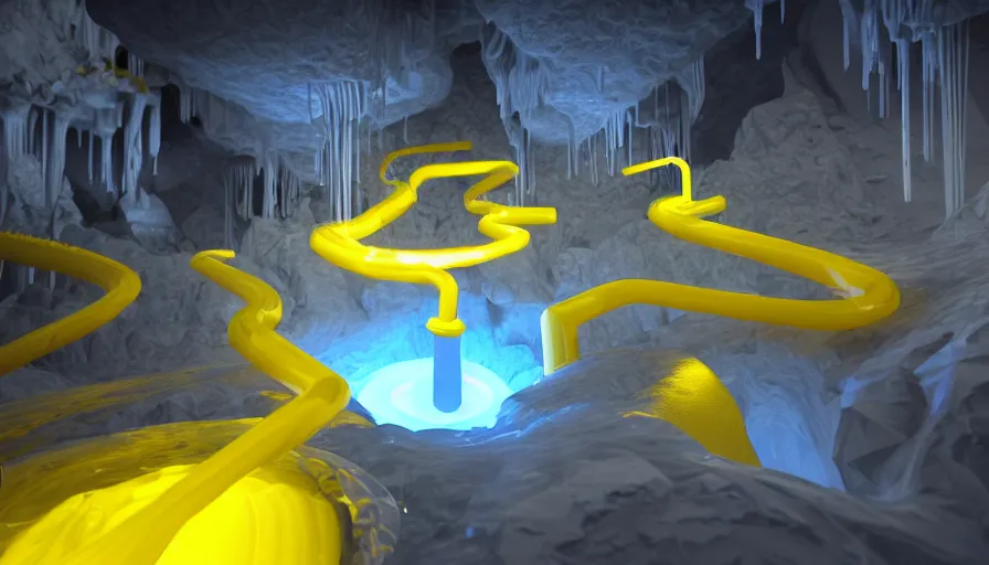 Prompt: liquid nitrogen with yellow water-cooling coolant flowing through latent representations of dark ice caverns undergoing centrifugal forces, illuminated by computer circuitry sticking out the walls, high detail, high contrast, low-poly elements, 90s low poly render, 4k upscaling