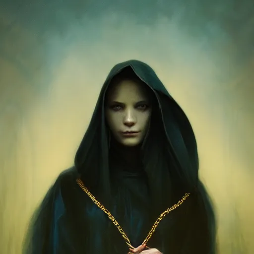 Image similar to a portrait of a young woman wearing a long dark cloak, hood and shadows covering face, holding golden chains, oil painting, matte painting, black background, Volumetric Golden dappled dynamic lighting, Highly Detailed, Cinematic Lighting, Unreal Engine, 8k, HD, by Beksinski