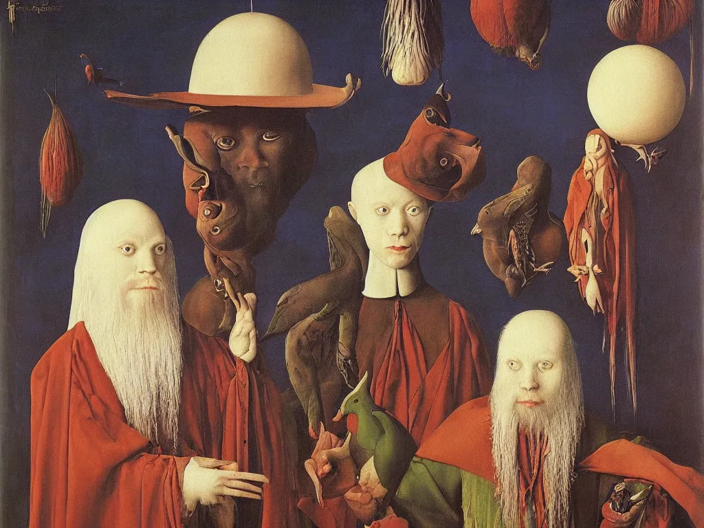 Prompt: Portrait of albino mystic with blue eyes, with exotic collection of floating animal eyes. Painting by Jan van Eyck, Audubon, Rene Magritte, Agnes Pelton, Max Ernst, Walton Ford