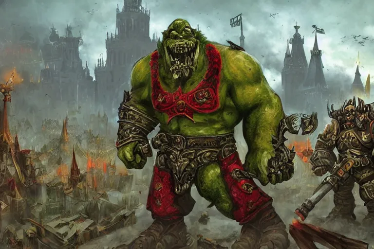 Image similar to moscow in style of warcraft orgrimmar, ork village, green and red orcs in modern camouflage