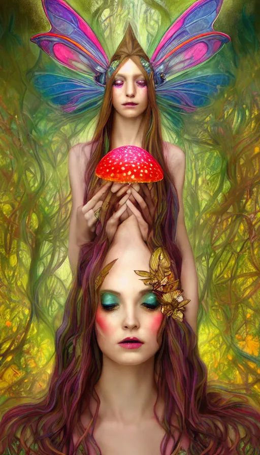 Image similar to a colorful and stunningly beautiful female faerie priestess in amanita muscaria forest landscape, symmetrical wings on back, neon hair, fantasy art, wearing a dress of gossamer gold, dark light night, sharp focus, digital painting, 4 k, concept art, art by charlie bowater and alphonse mucha, brom, face by otto schmidt