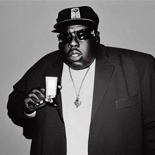 Prompt: photo of Biggie Smalls drinking a juicebox