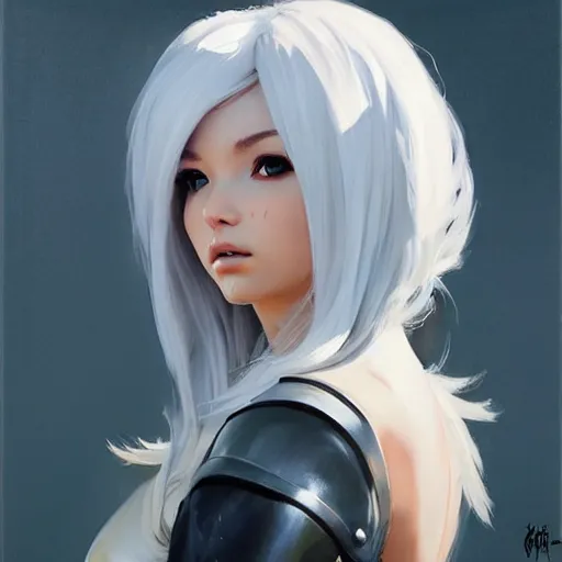 Image similar to greg manchess portrait painting of a 2 yorha type a no. 2 as overwatch character, white long hair, medium shot, asymmetrical, profile picture, organic painting, sunny day, matte painting, bold shapes, hard edges, street art, trending on artstation, by huang guangjian and gil elvgren and sachin teng