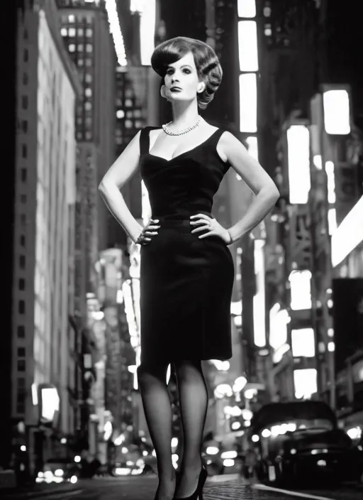 Image similar to a hyper realistic and detailed head portrait photography of a joan holloway of mad men on madison avenue, new york city. by annie leibovitz. noir style. cinematic. neon lights glow in the background. ilford hp 5 4 0 0, canon eos c 3 0 0, ƒ 1. 8, 3 5 mm, 8 k, medium - format print