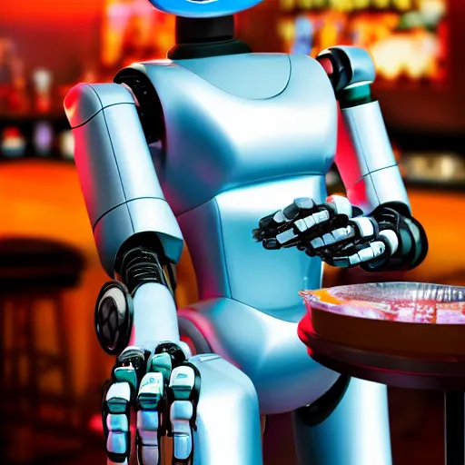 Prompt: a robot is at the sports bar and orders a drink from a cyberpunk (TY beanie baby puppy dog), 8k, ultrarealistic, cgsociety, old master.