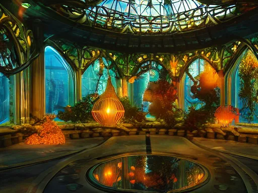 Prompt: an elaborate filigreed convoluted biopunk underwater streetcorner environment, school of fish, glass domes, glass panes, glowing lights, fronds, branches, art nouveau, dramatic lighting, product photography, 3 - d render, photorealism, unreal engine